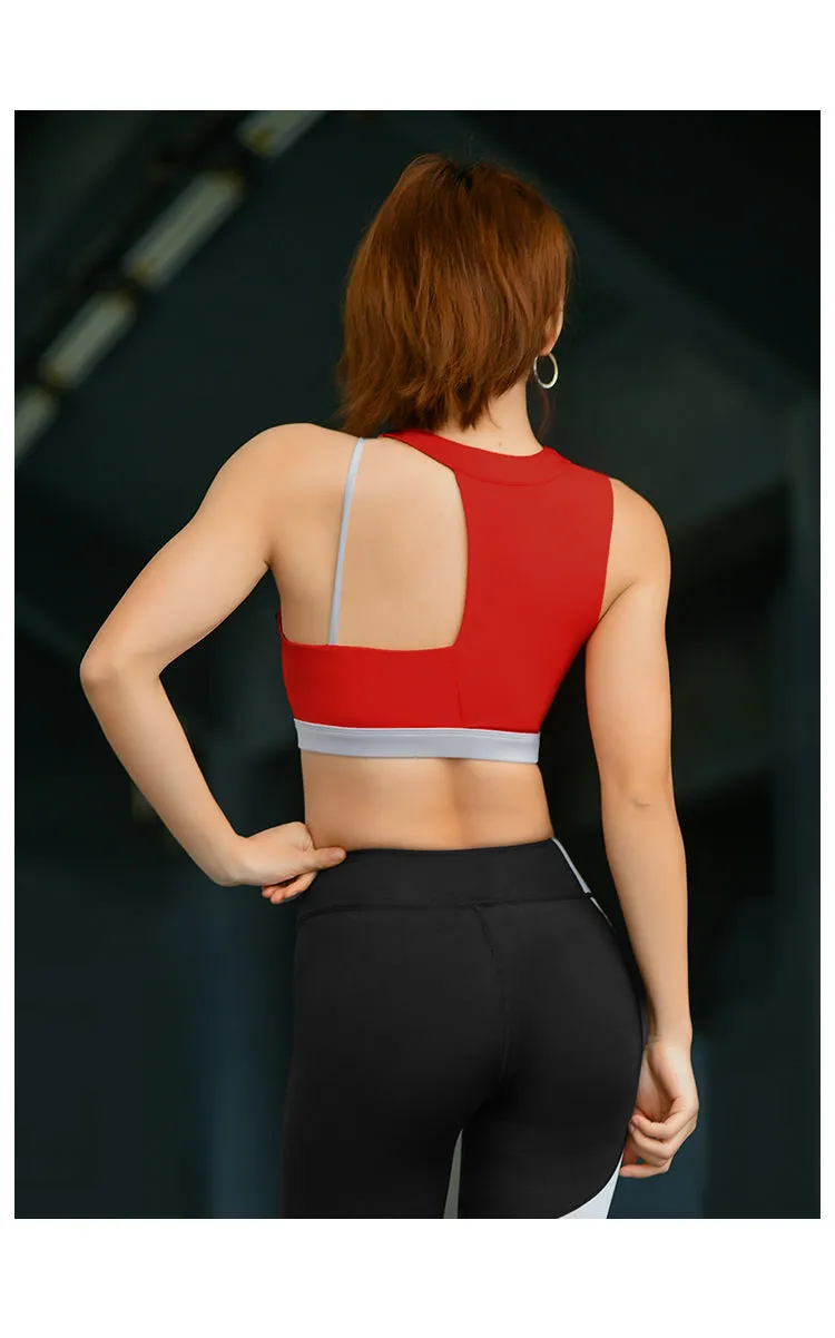 MIP SPORTS BRA CONTRAST STITCH ASYMMETRIC BRA IN RED