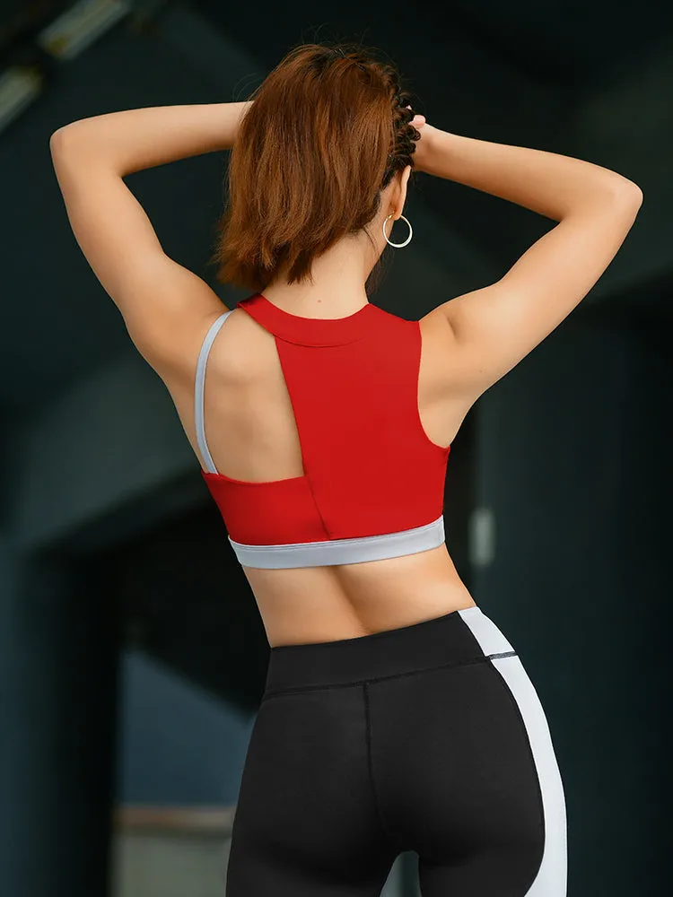 MIP SPORTS BRA CONTRAST STITCH ASYMMETRIC BRA IN RED