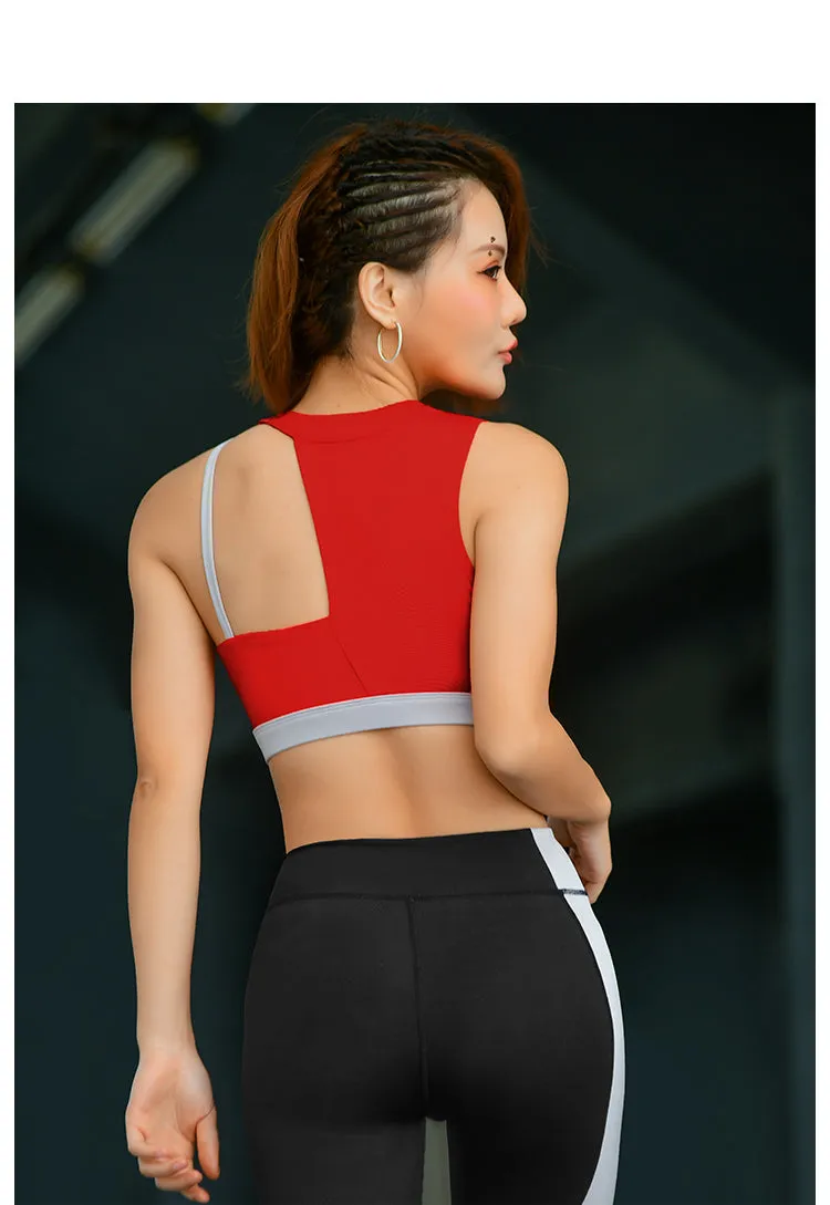 MIP SPORTS BRA CONTRAST STITCH ASYMMETRIC BRA IN RED