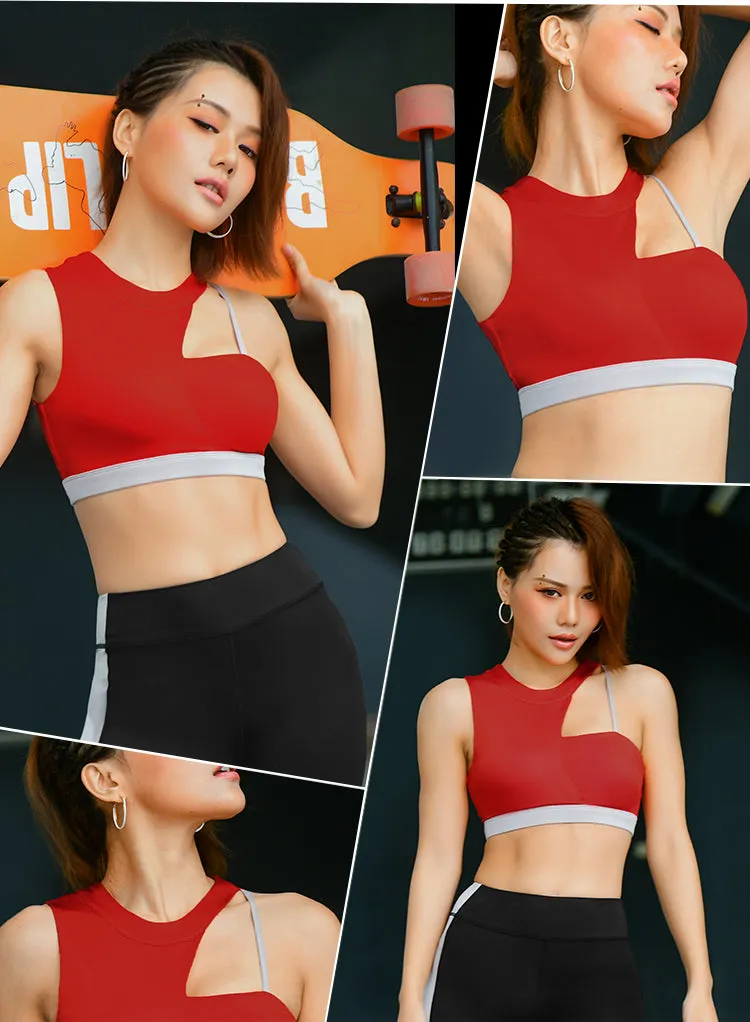 MIP SPORTS BRA CONTRAST STITCH ASYMMETRIC BRA IN RED