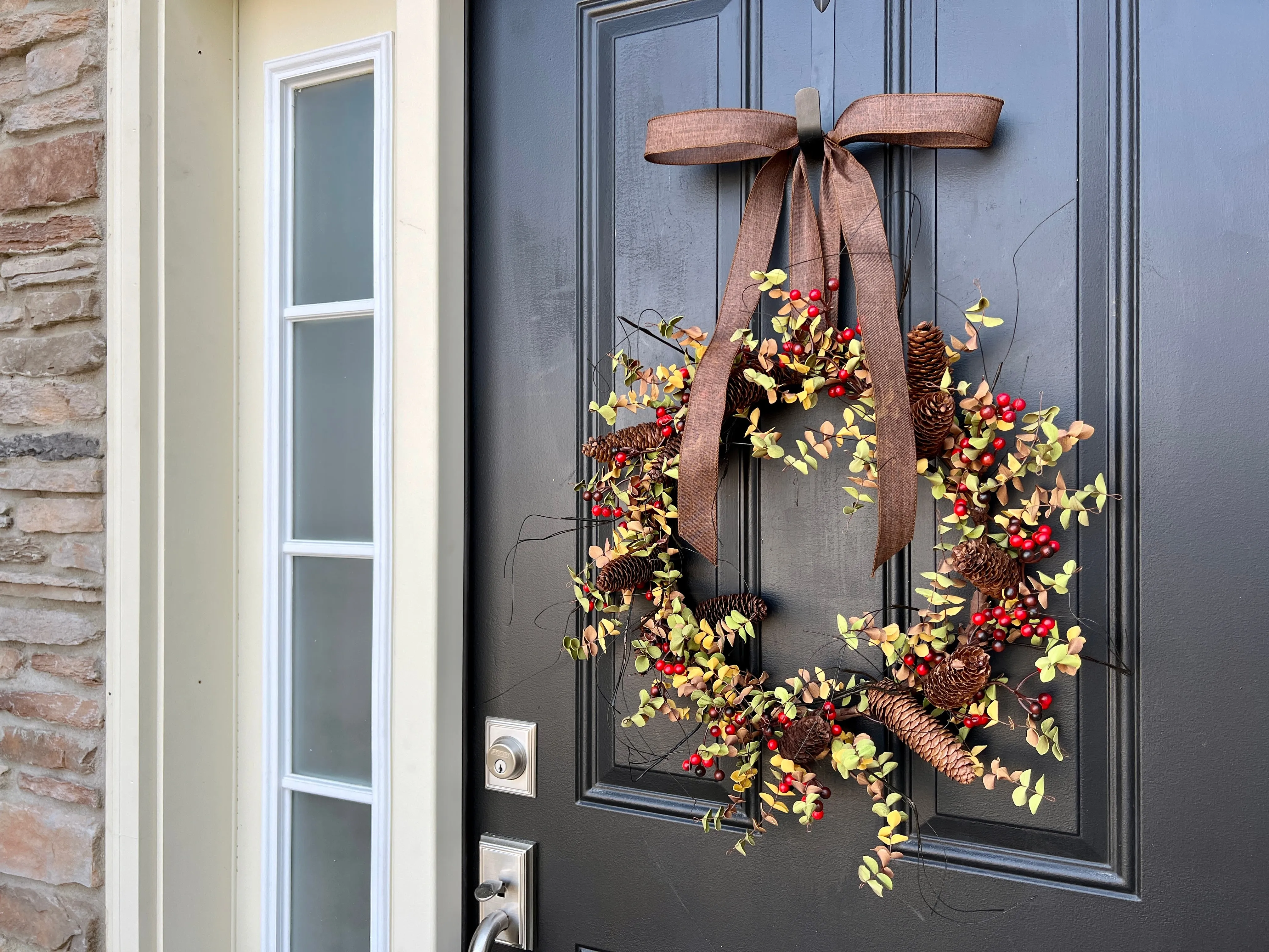 Modern Harvest Pinecone Wreath with Custom Linen Ribbon