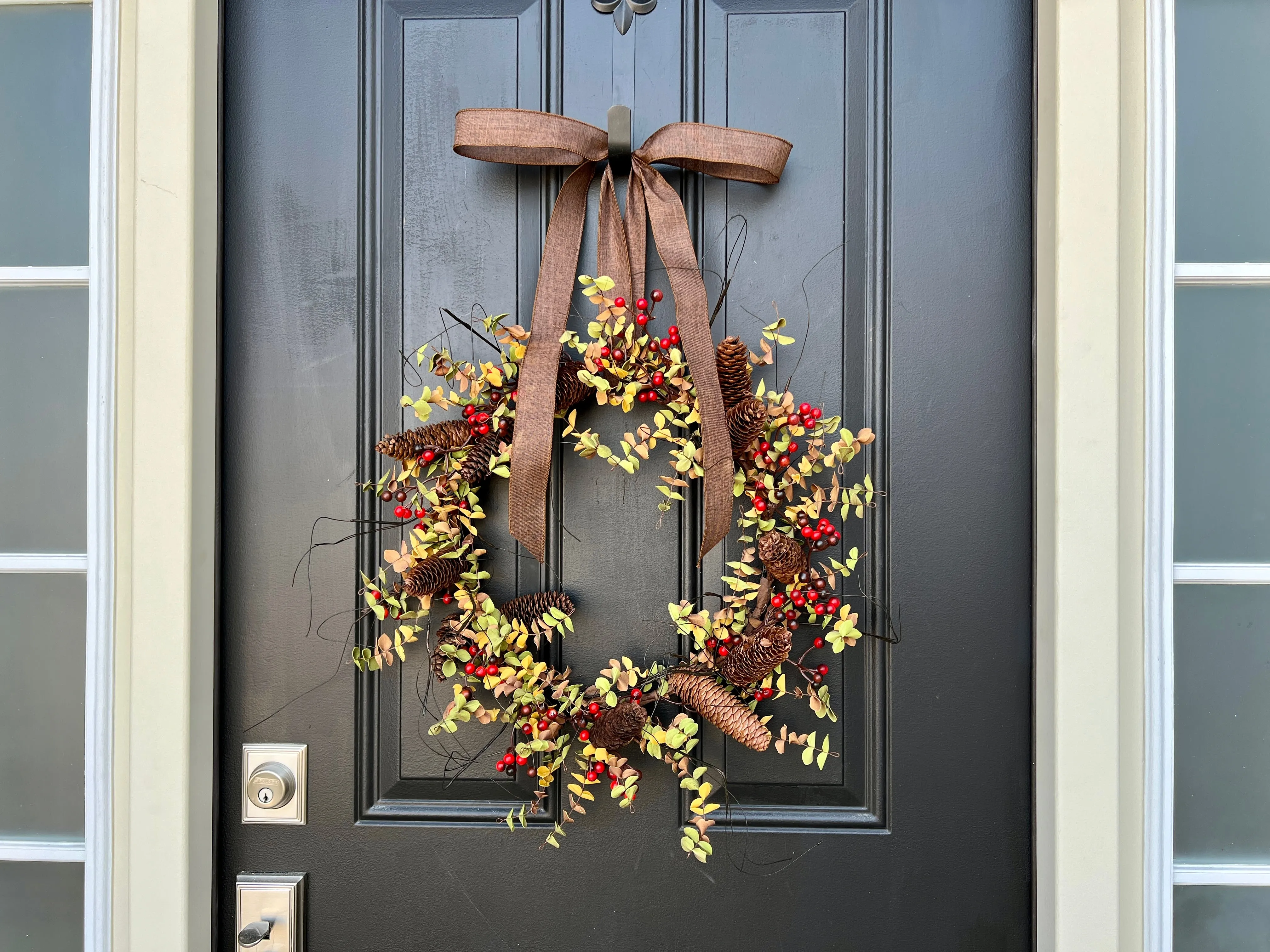 Modern Harvest Pinecone Wreath with Custom Linen Ribbon