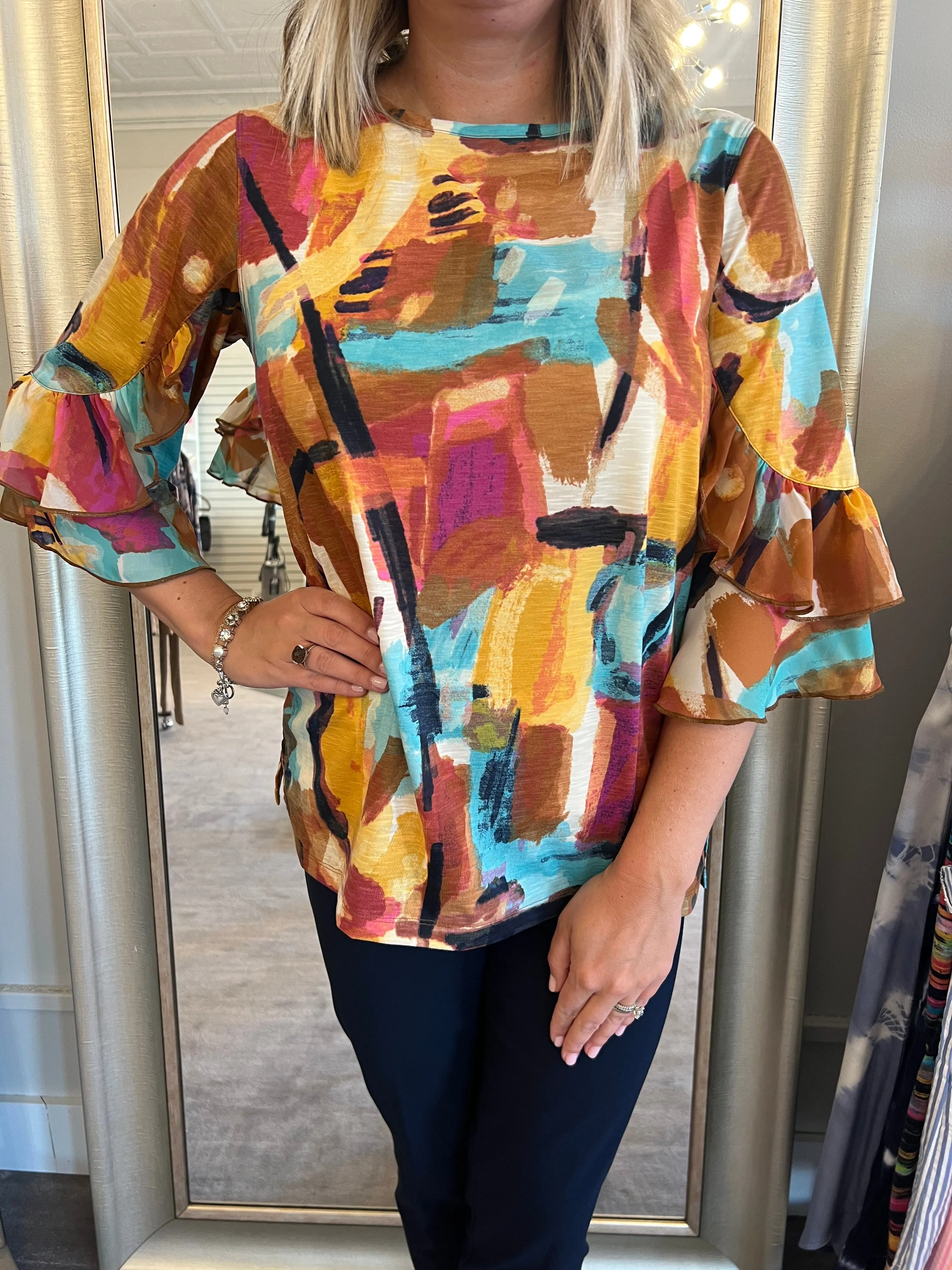 Multiples Abstract Ruffle Sleeve Top