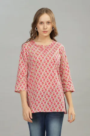 Mythri Office Wear Women's Short Kurta V Neck with 3/4th Sleeves  - Pink - TO05