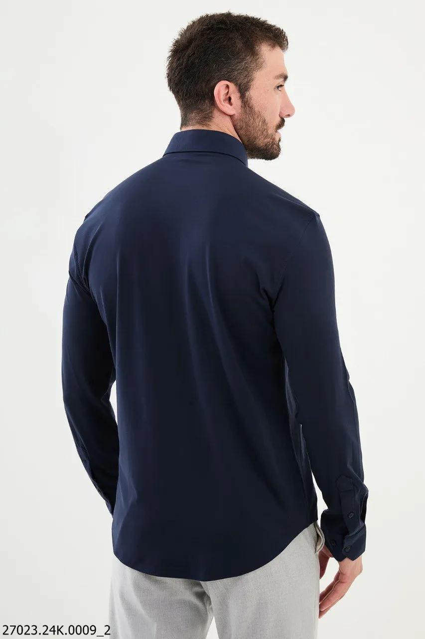 Navy Blue Stretch Fit Long Sleeve Shirt.