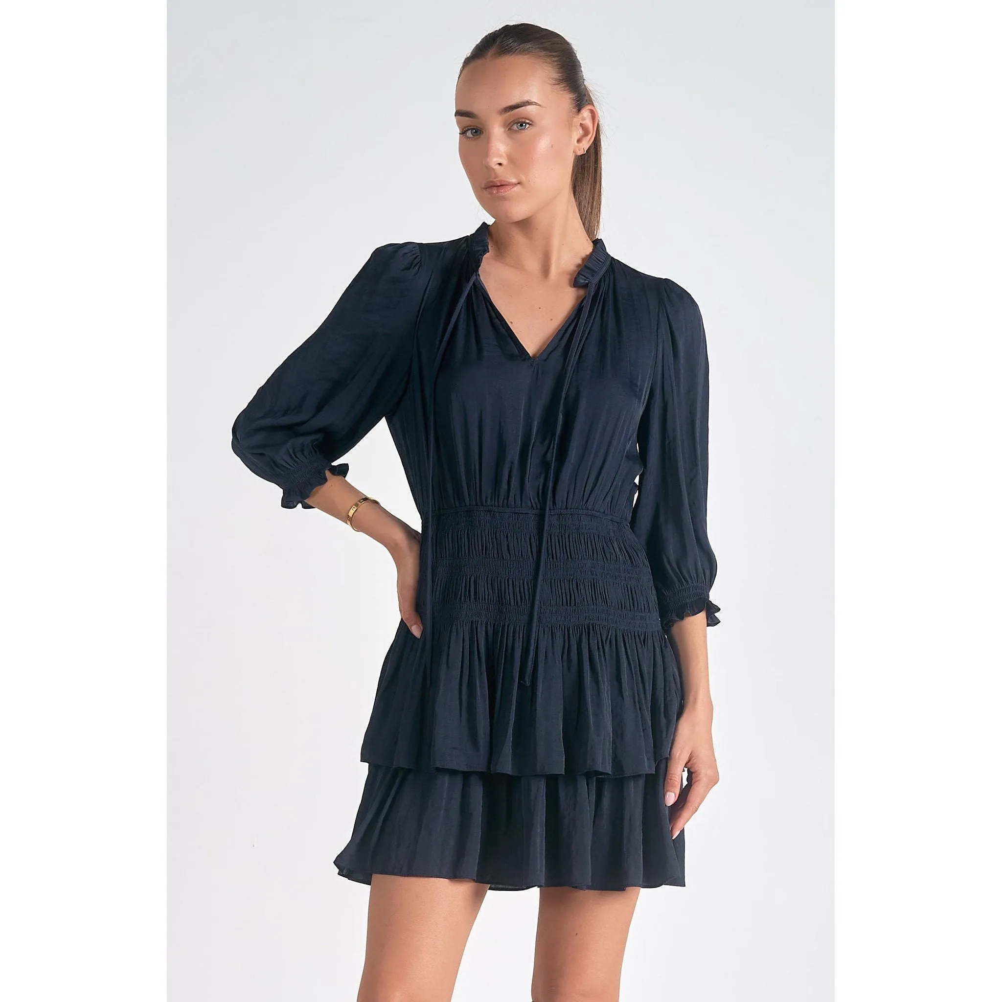 Navy Dress with Smocking Detail