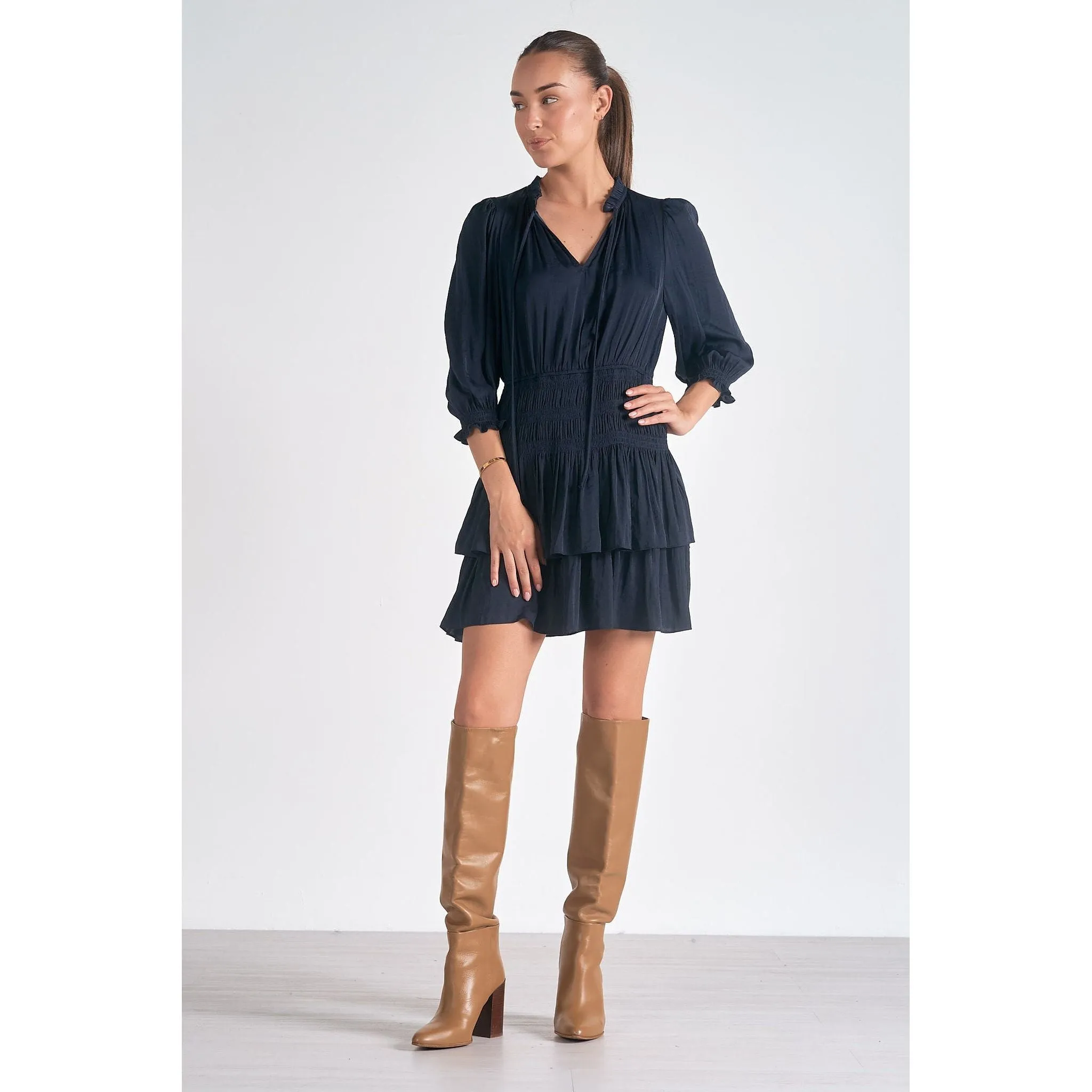 Navy Dress with Smocking Detail