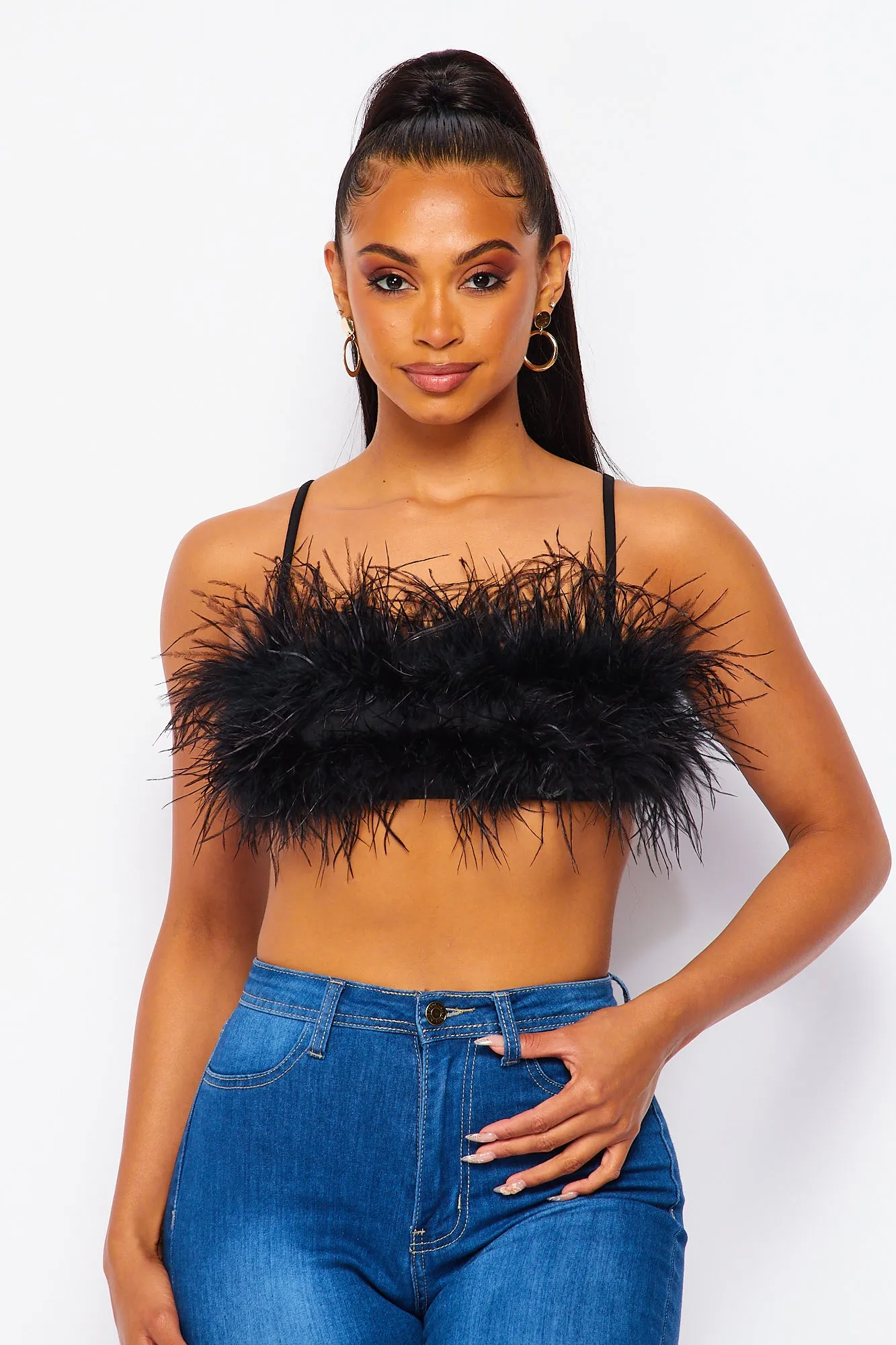 Noor Feather Bandeau Bra Crop Top - Black