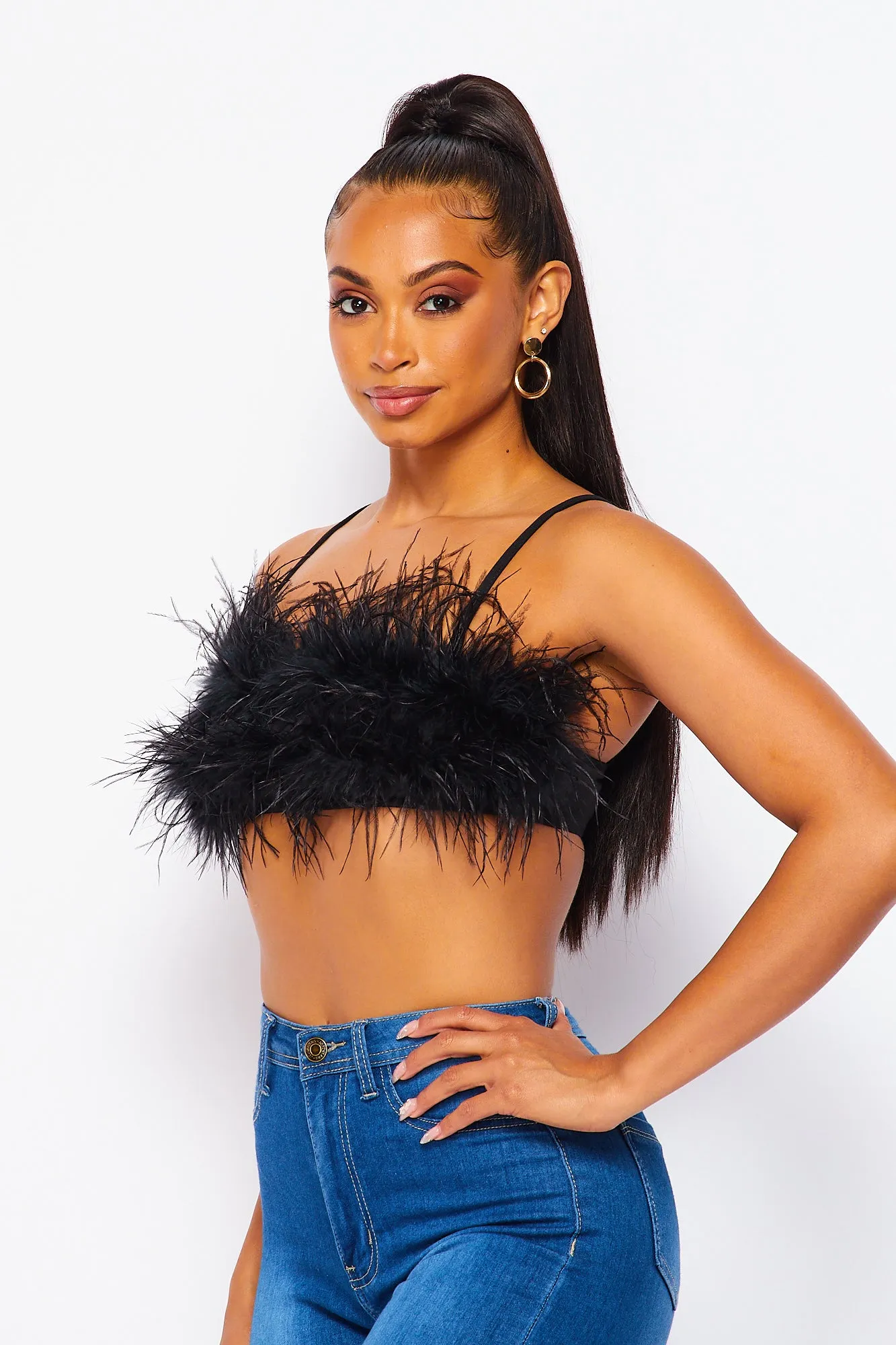 Noor Feather Bandeau Bra Crop Top - Black