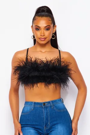 Noor Feather Bandeau Bra Crop Top - Black
