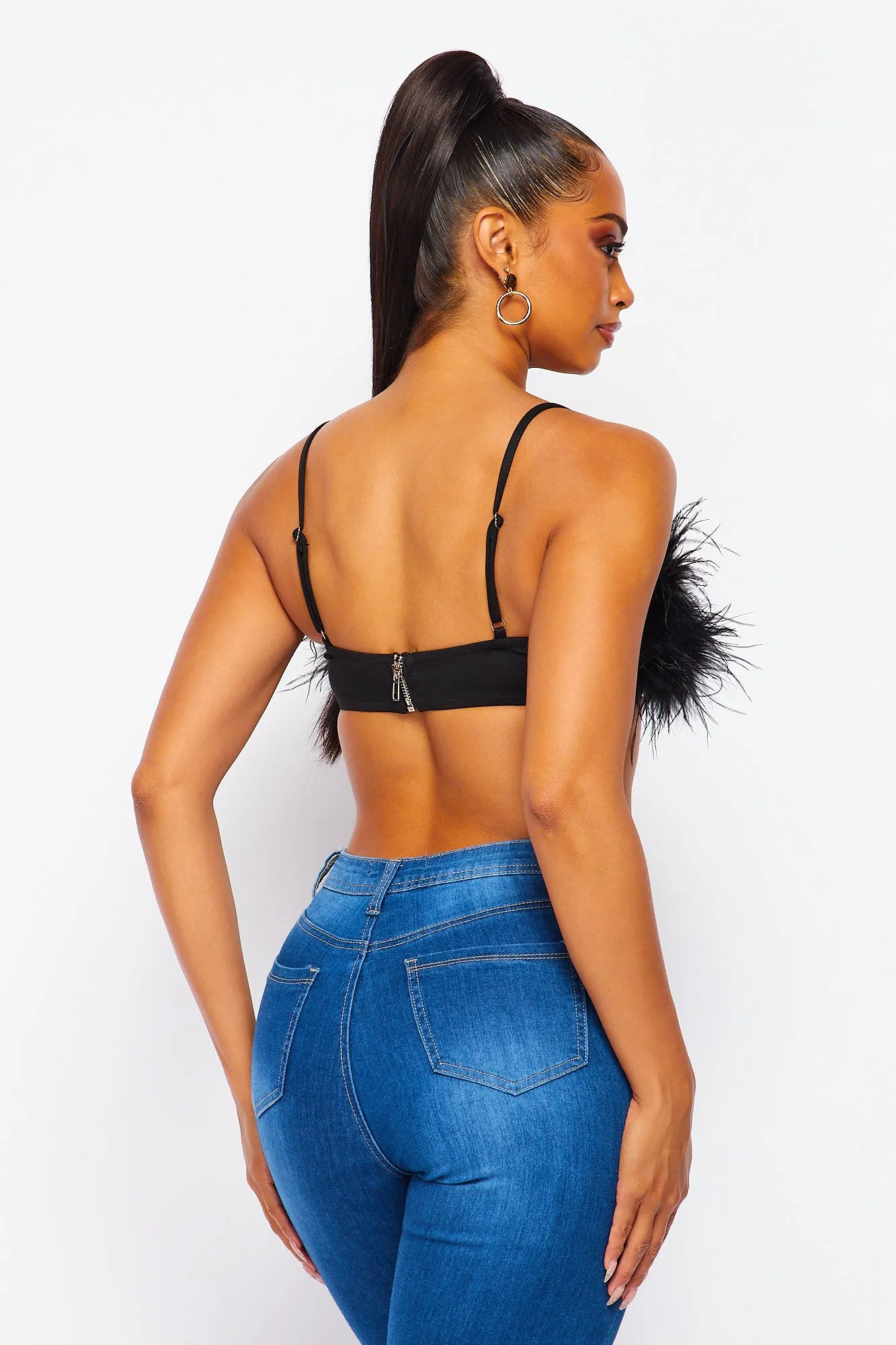 Noor Feather Bandeau Bra Crop Top - Black