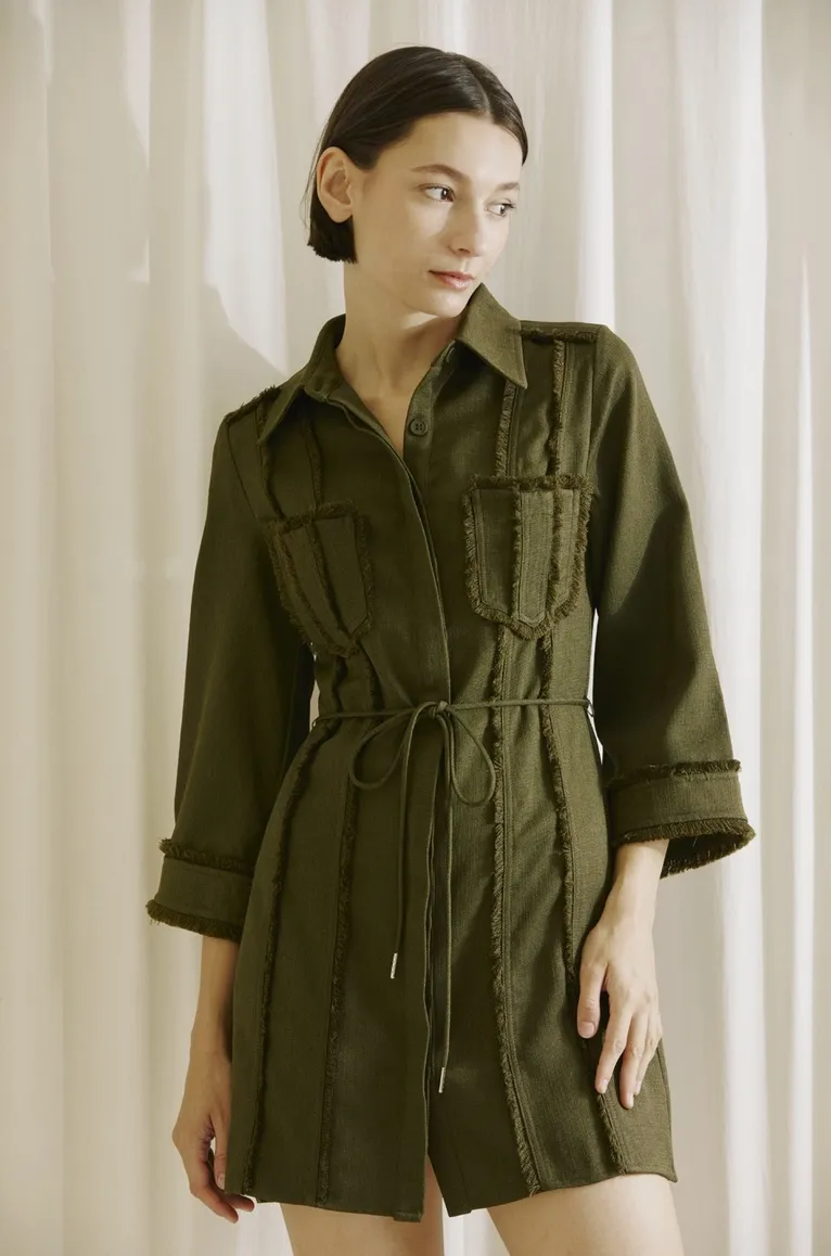 Olive Fringe Twill Mini Dress