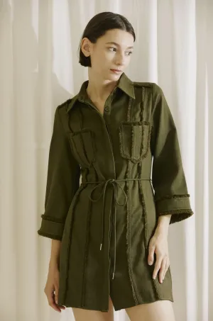 Olive Fringe Twill Mini Dress