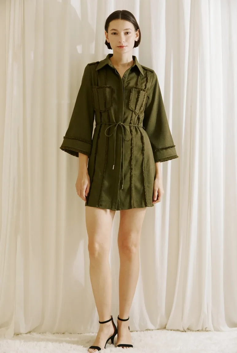 Olive Fringe Twill Mini Dress