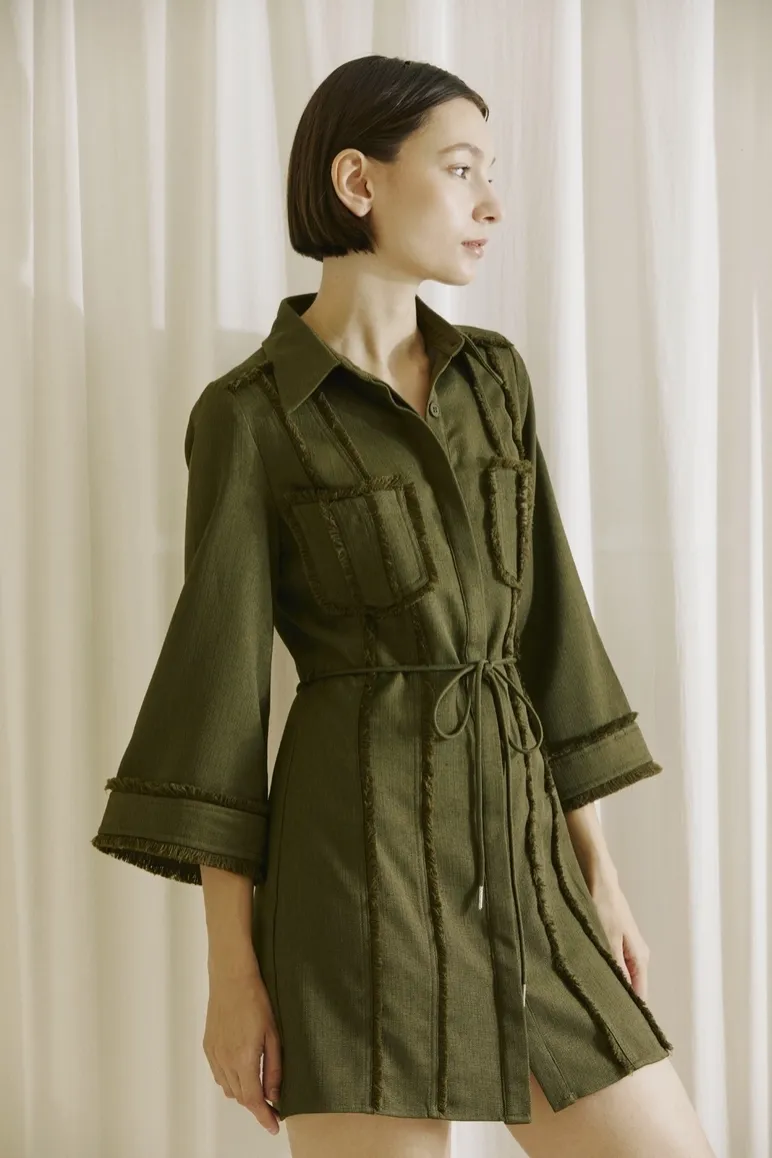 Olive Fringe Twill Mini Dress