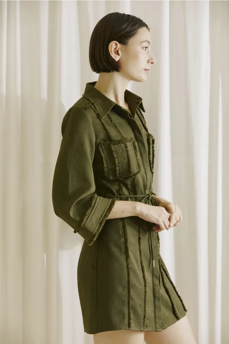 Olive Fringe Twill Mini Dress