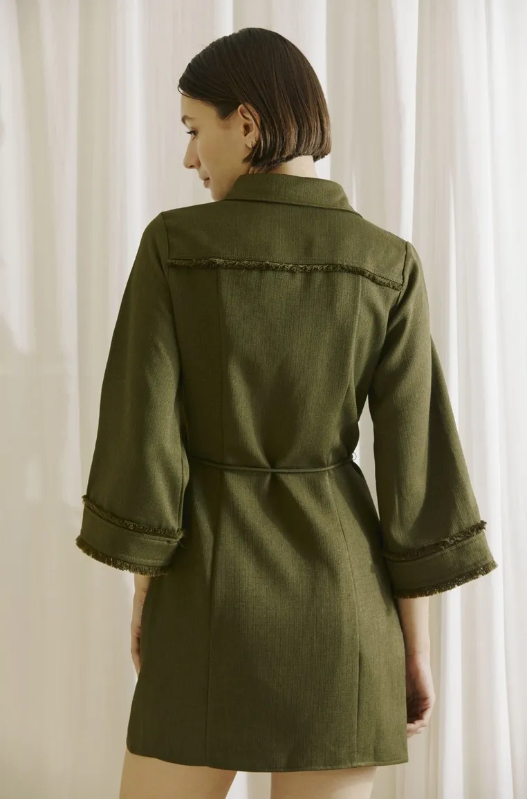 Olive Fringe Twill Mini Dress