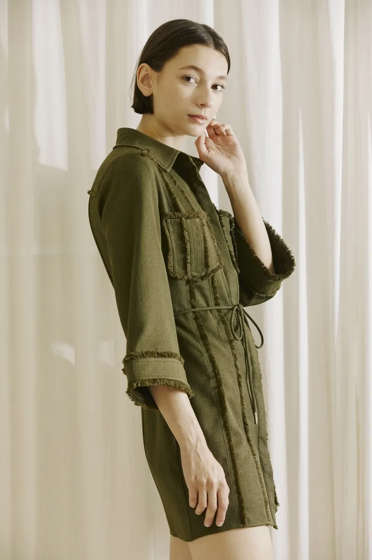 Olive Fringe Twill Mini Dress