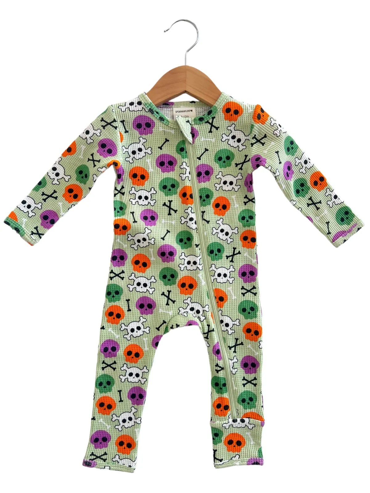 Organic Waffle Basic Zip Romper, Candy Skulls Green
