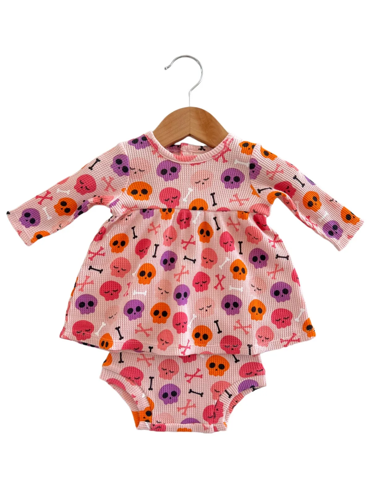 Organic Waffle Simple Dress & Bloomer, Candy Skulls Pink