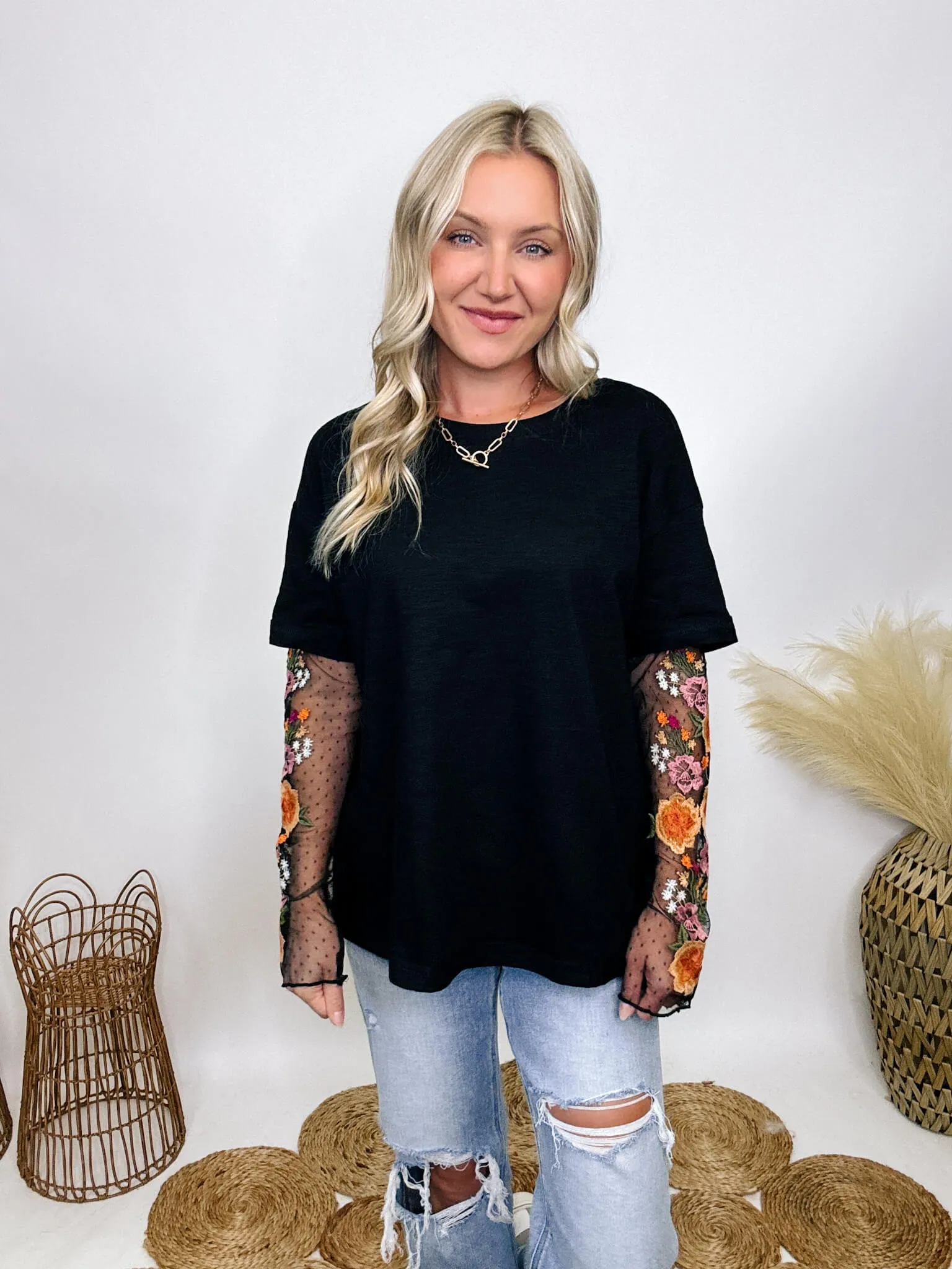 Oversized Black Tee with Layered Sheer Embroidered Floral Lace Mesh Sleeves