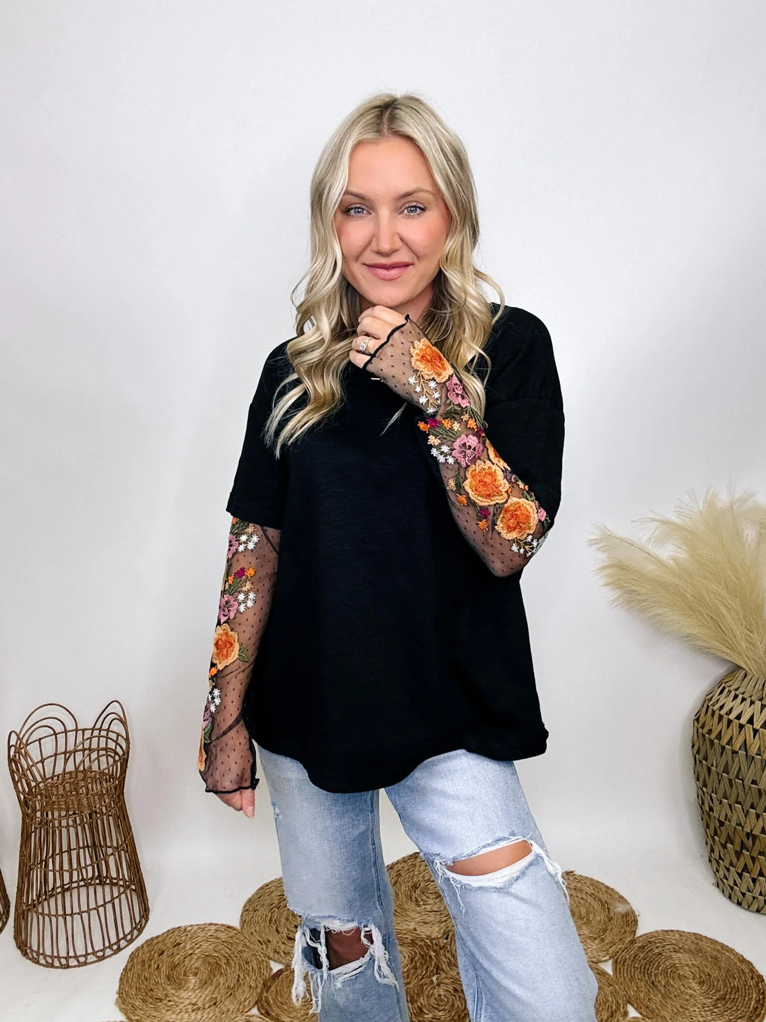 Oversized Black Tee with Layered Sheer Embroidered Floral Lace Mesh Sleeves