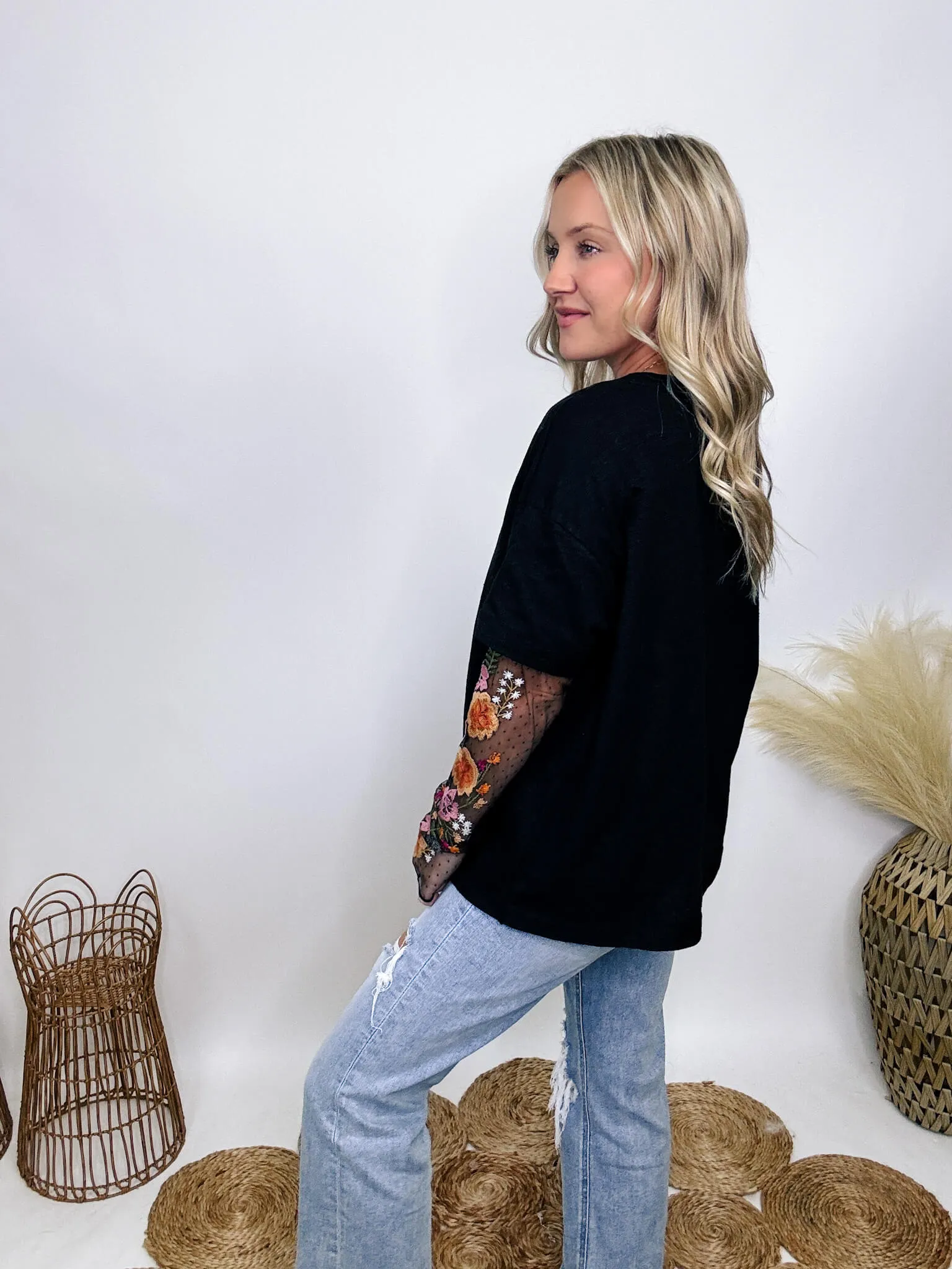 Oversized Black Tee with Layered Sheer Embroidered Floral Lace Mesh Sleeves