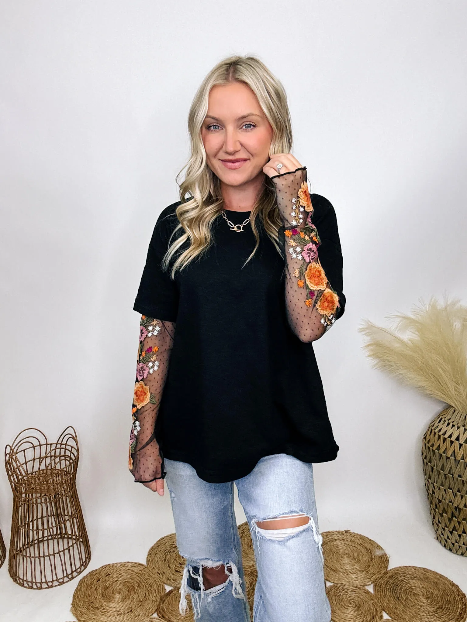 Oversized Black Tee with Layered Sheer Embroidered Floral Lace Mesh Sleeves
