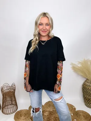 Oversized Black Tee with Layered Sheer Embroidered Floral Lace Mesh Sleeves