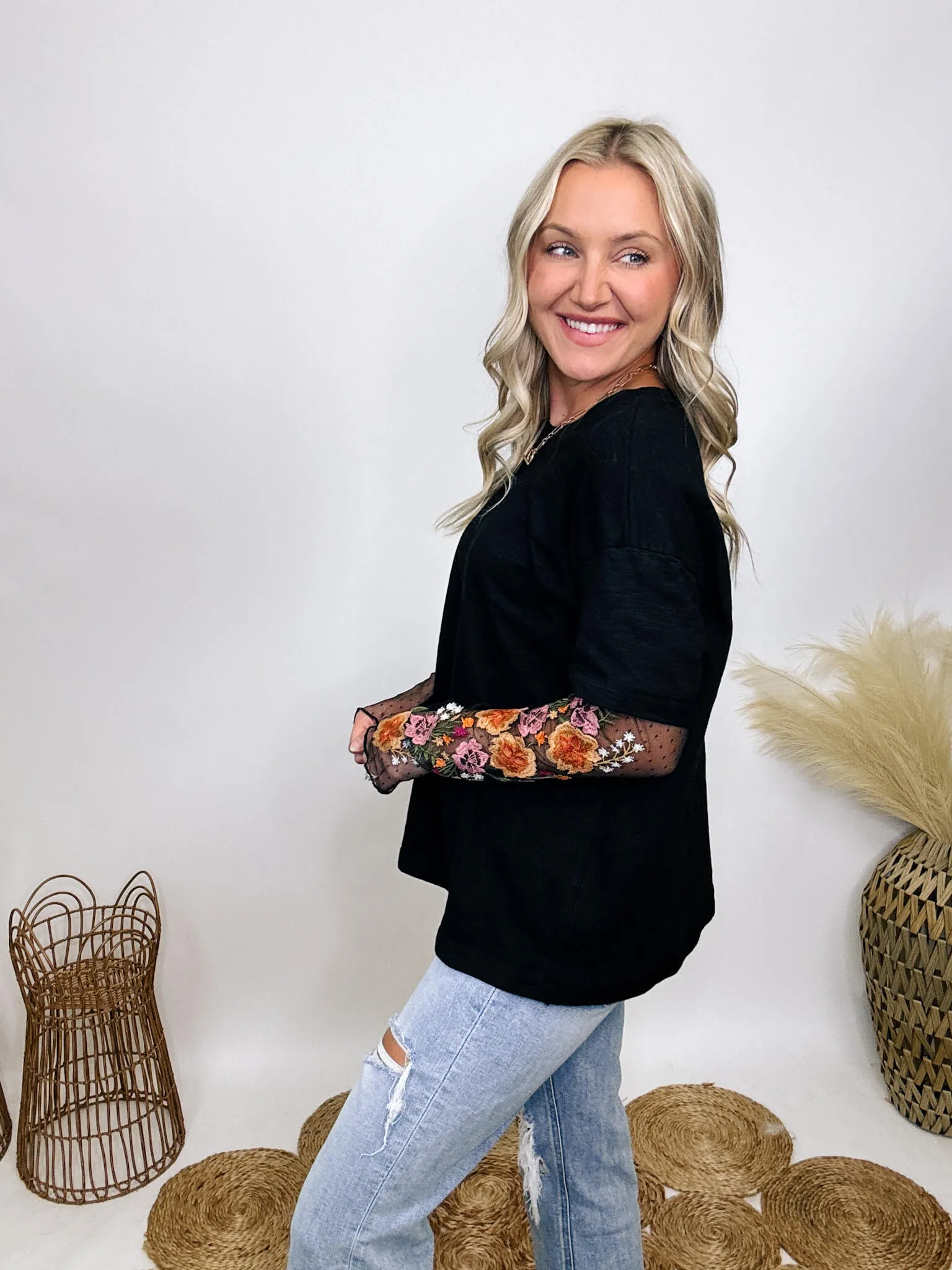 Oversized Black Tee with Layered Sheer Embroidered Floral Lace Mesh Sleeves