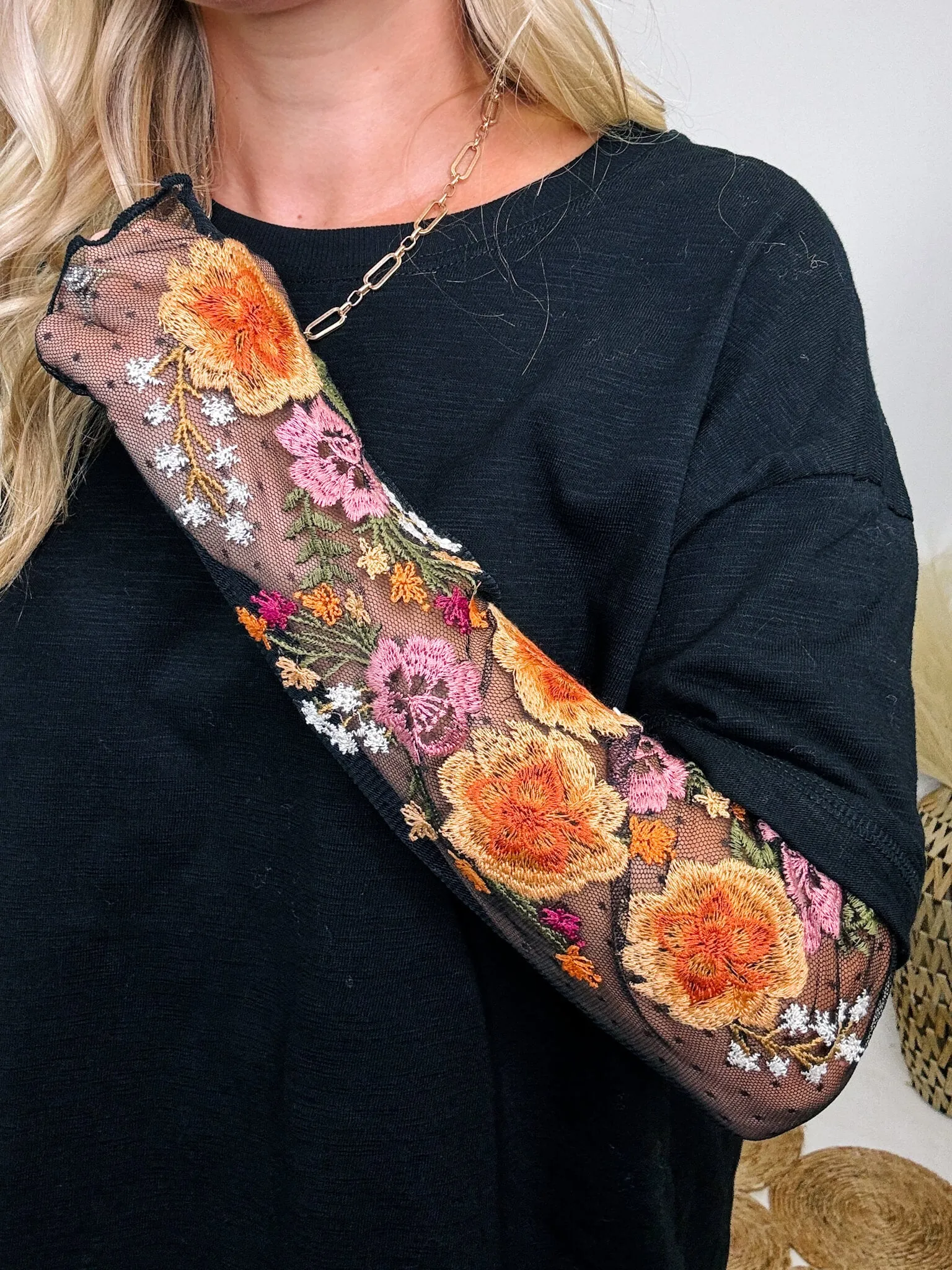 Oversized Black Tee with Layered Sheer Embroidered Floral Lace Mesh Sleeves