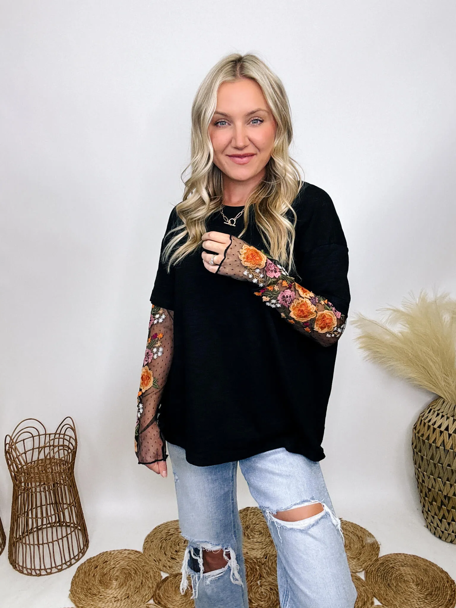 Oversized Black Tee with Layered Sheer Embroidered Floral Lace Mesh Sleeves