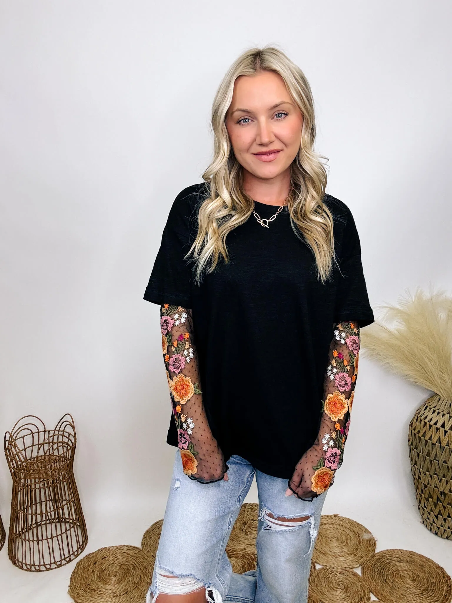Oversized Black Tee with Layered Sheer Embroidered Floral Lace Mesh Sleeves