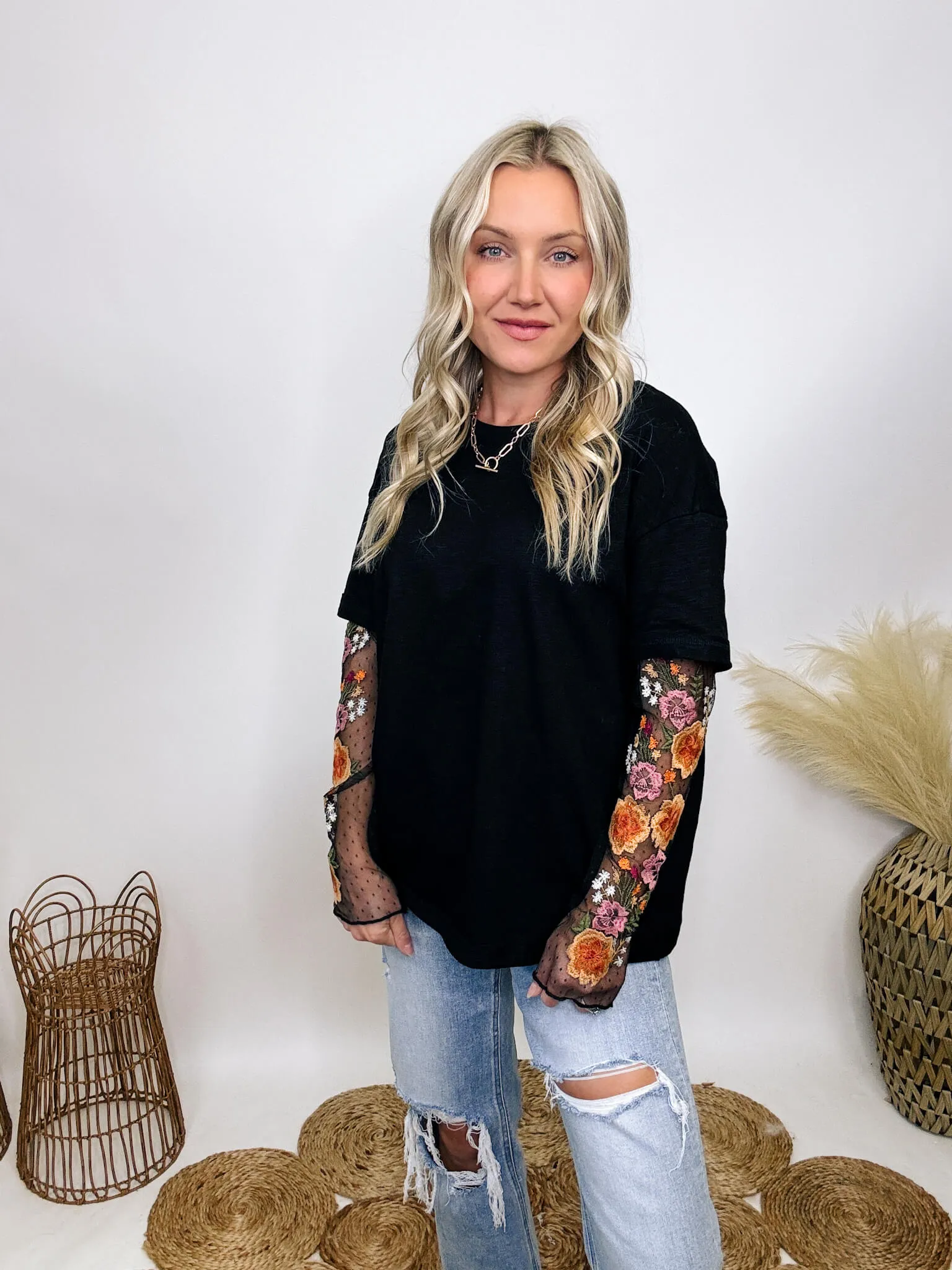 Oversized Black Tee with Layered Sheer Embroidered Floral Lace Mesh Sleeves
