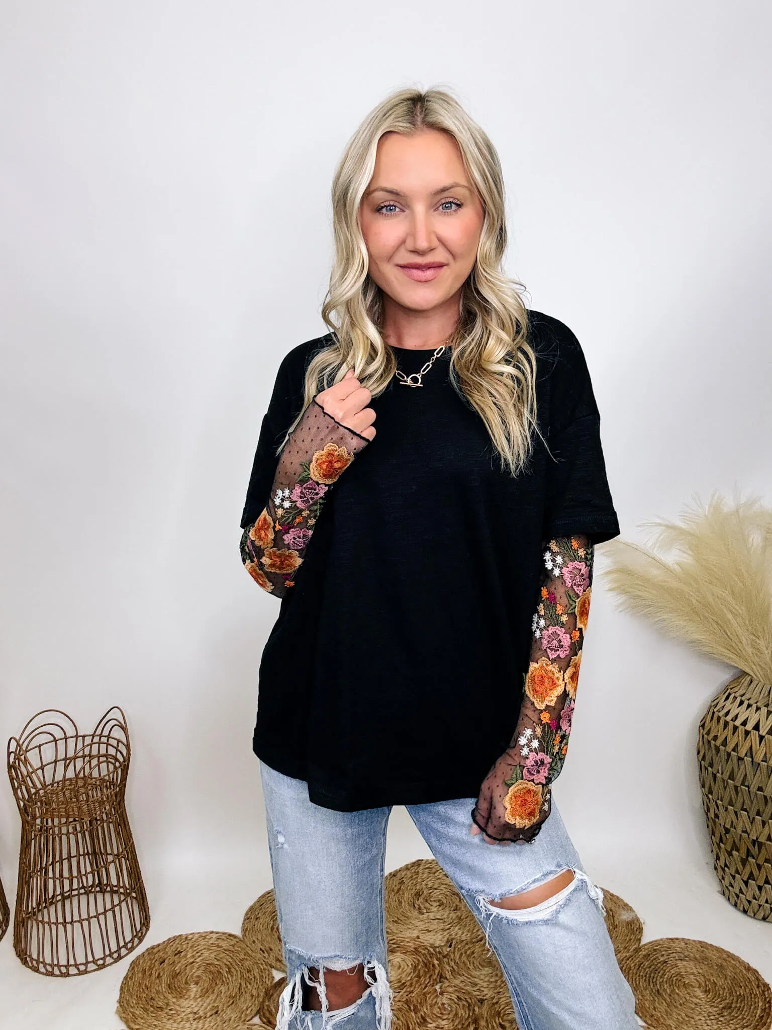 Oversized Black Tee with Layered Sheer Embroidered Floral Lace Mesh Sleeves