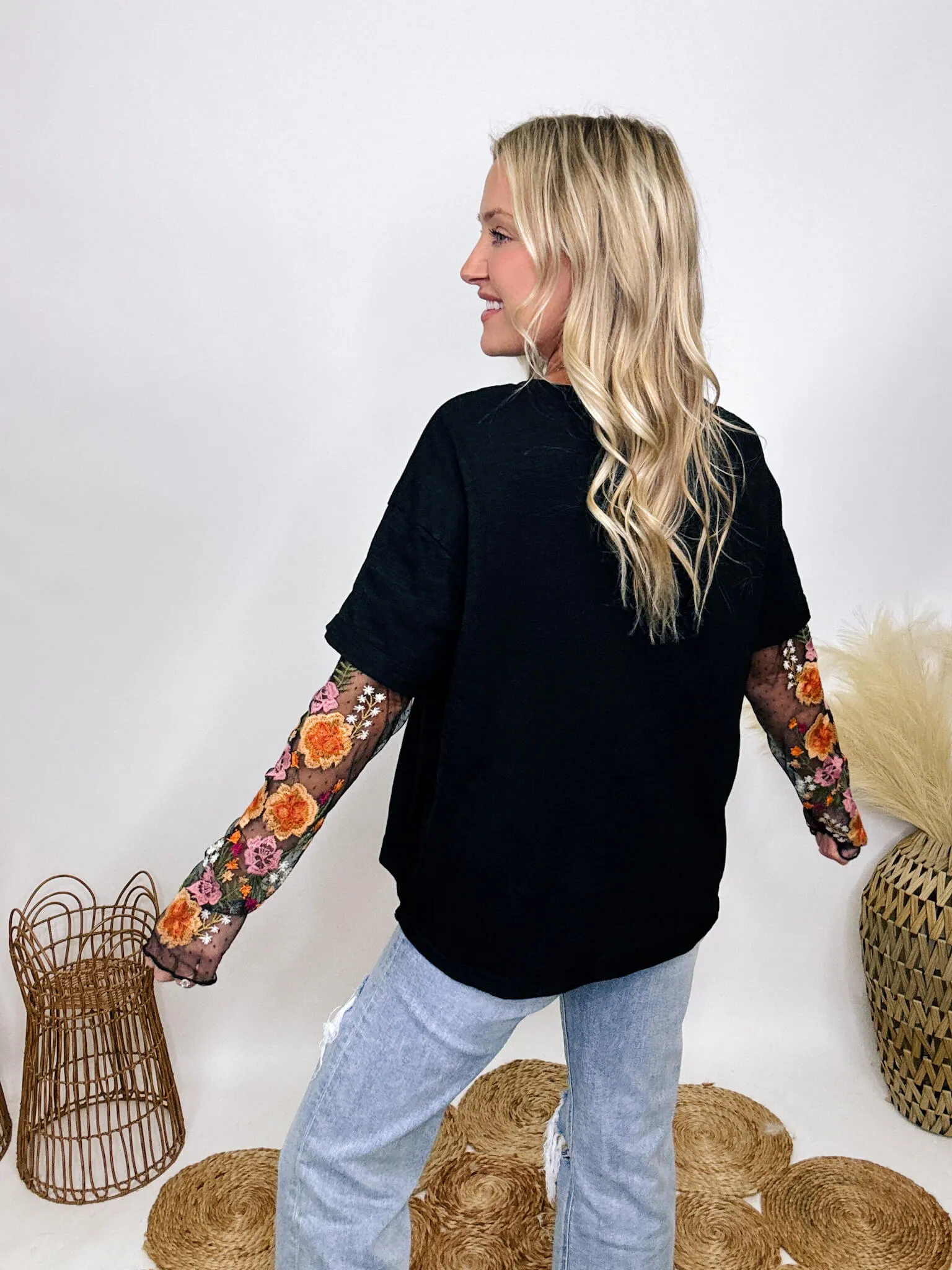 Oversized Black Tee with Layered Sheer Embroidered Floral Lace Mesh Sleeves