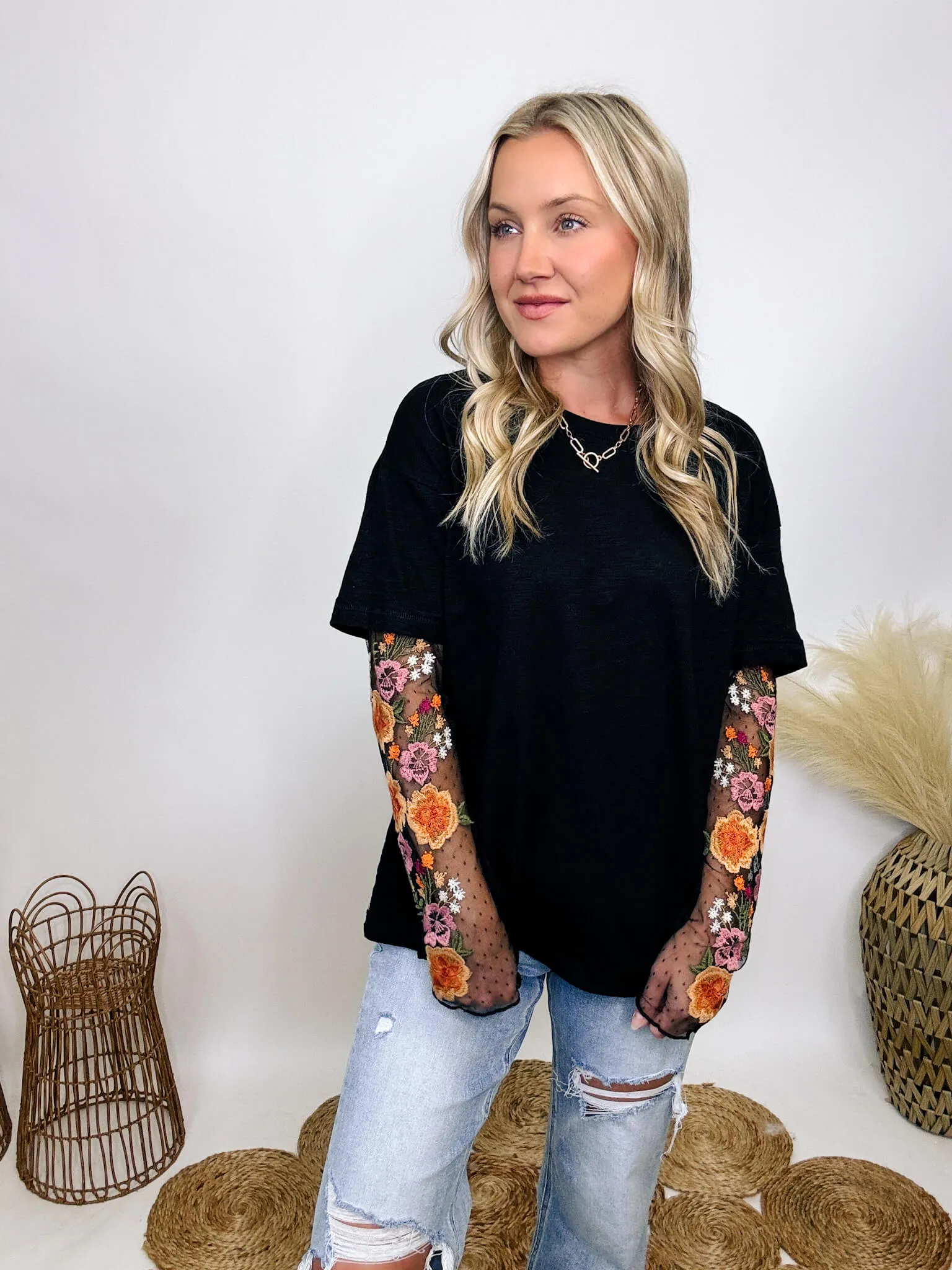 Oversized Black Tee with Layered Sheer Embroidered Floral Lace Mesh Sleeves