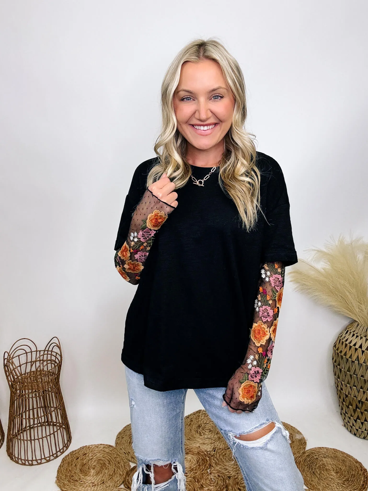 Oversized Black Tee with Layered Sheer Embroidered Floral Lace Mesh Sleeves