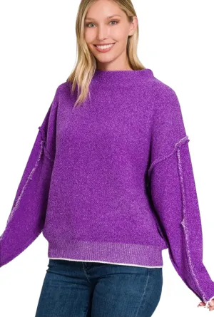 Oversized Mock Neck Raw Seam Chenille Sweater - Multiple Colors Available