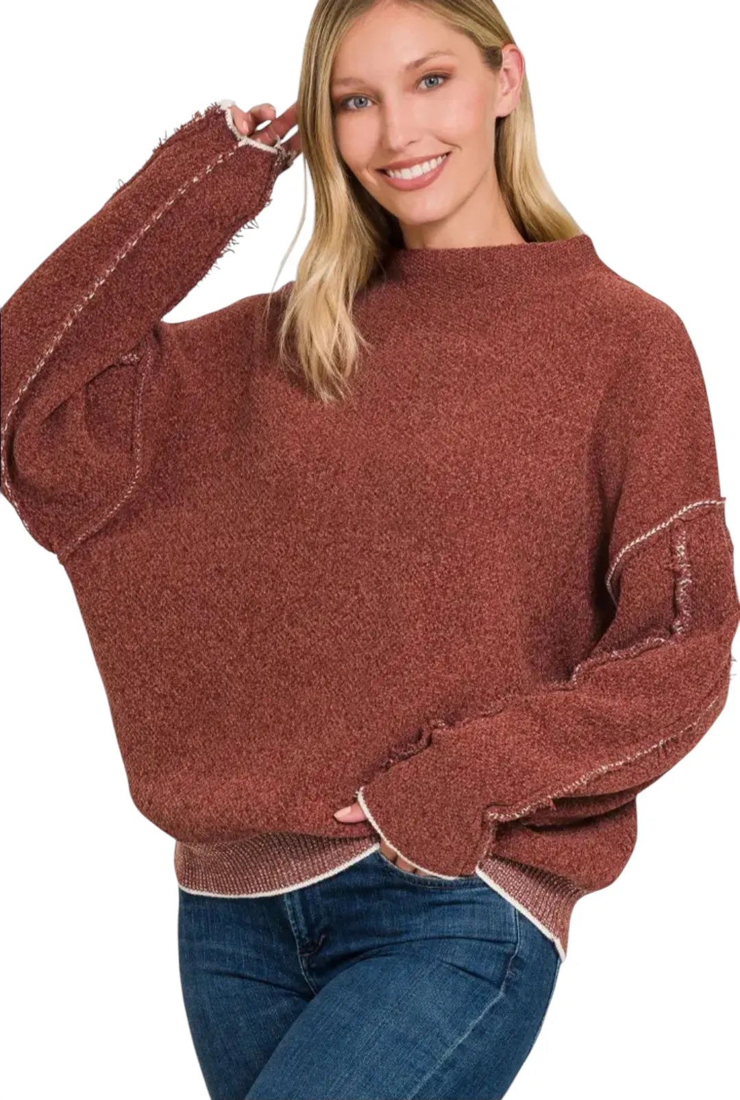 Oversized Mock Neck Raw Seam Chenille Sweater - Multiple Colors Available