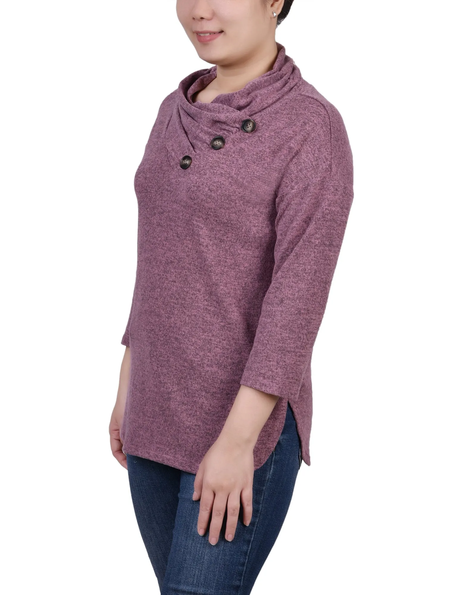 Petite 3/4 Sleeve Crossover Cowl Neck Top