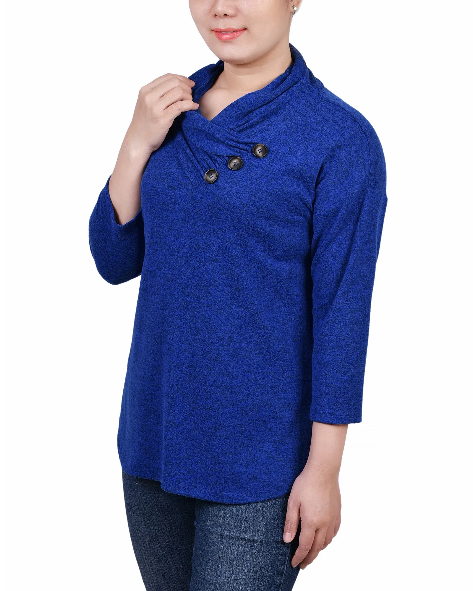 Petite 3/4 Sleeve Crossover Cowl Neck Top