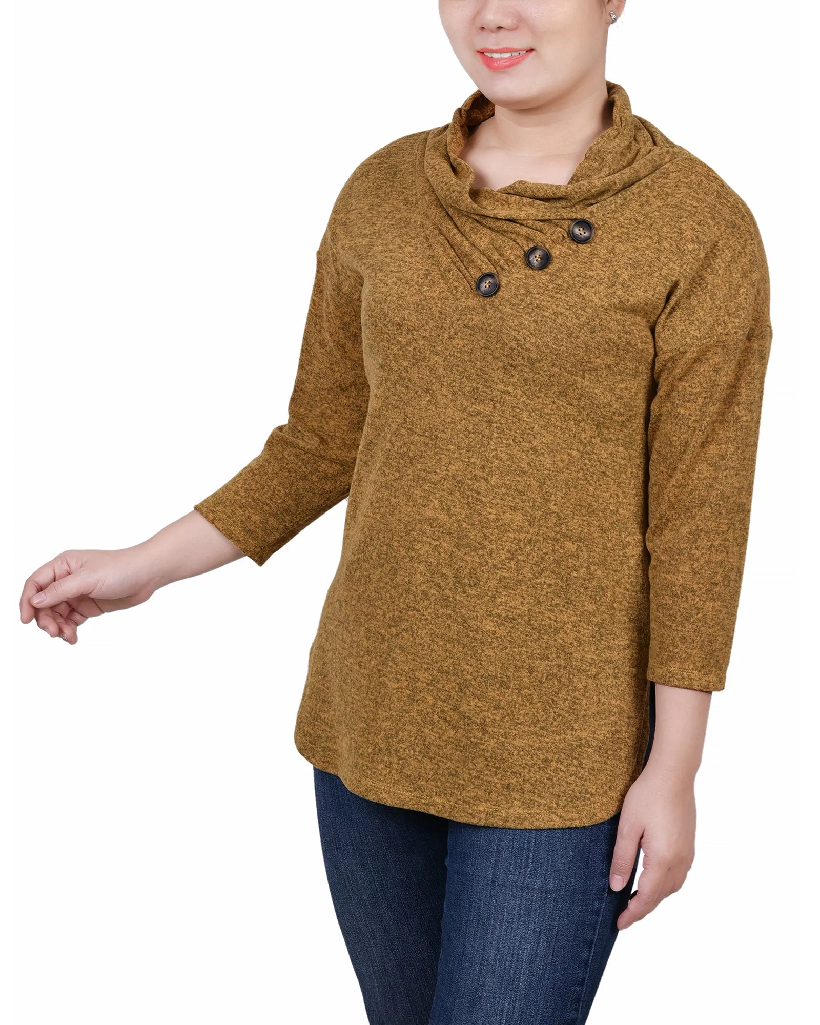 Petite 3/4 Sleeve Crossover Cowl Neck Top