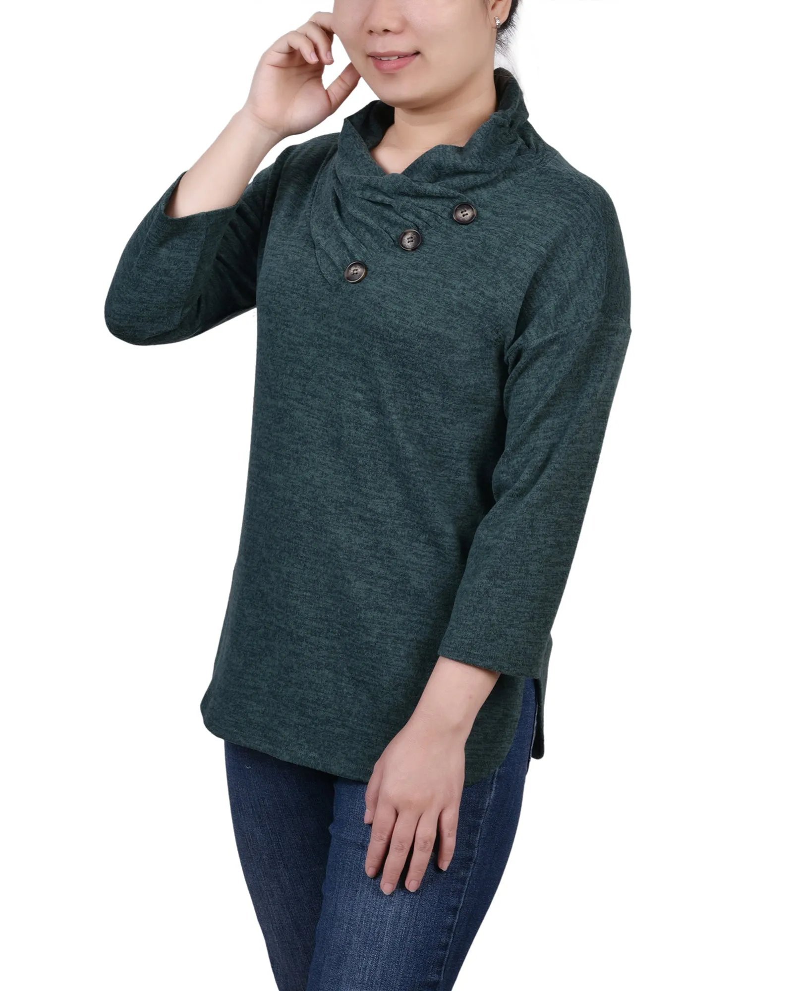 Petite 3/4 Sleeve Crossover Cowl Neck Top