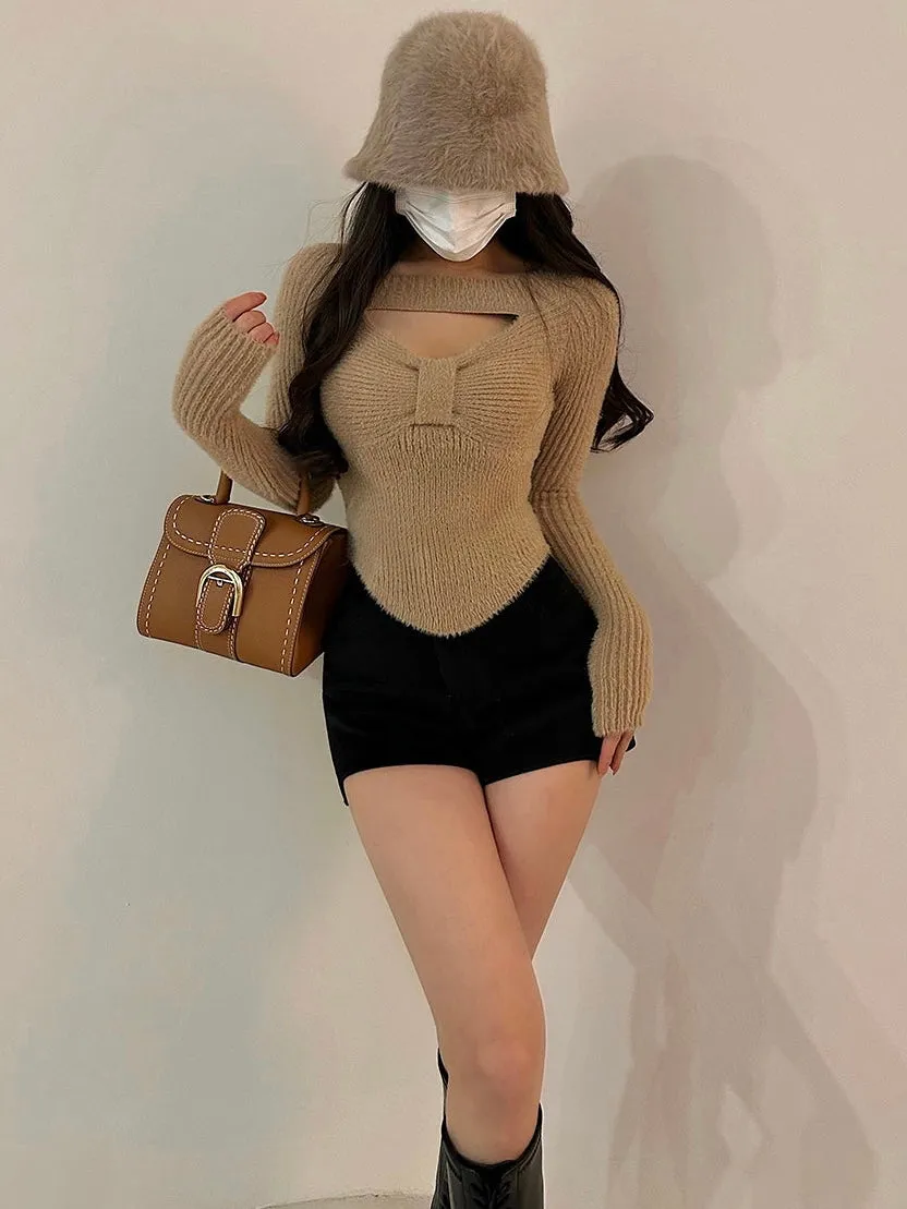 Pheobe Solid Color Long Sleeve Slim Cut Out Biw Ribbed Top