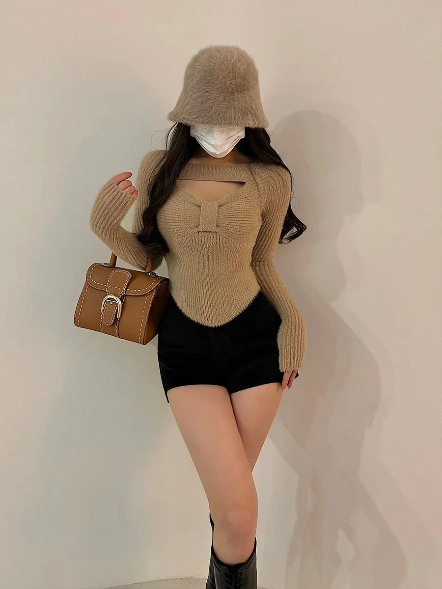 Pheobe Solid Color Long Sleeve Slim Cut Out Biw Ribbed Top