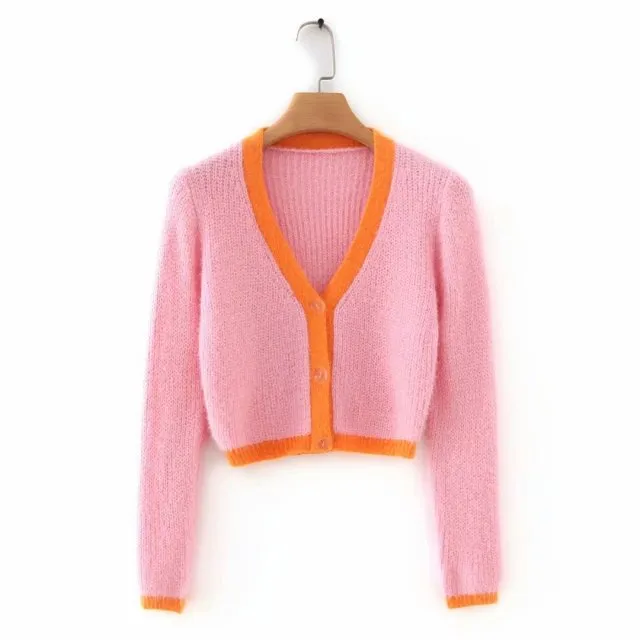 Pink cardigan womens sweaters korean crop sweater yellow autumn tops short sleeve v neck short cardigan mohair sweater fall