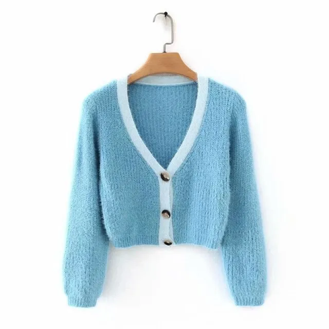 Pink cardigan womens sweaters korean crop sweater yellow autumn tops short sleeve v neck short cardigan mohair sweater fall