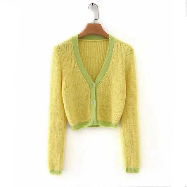 Pink cardigan womens sweaters korean crop sweater yellow autumn tops short sleeve v neck short cardigan mohair sweater fall