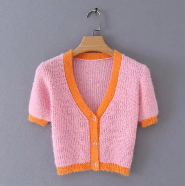 Pink cardigan womens sweaters korean crop sweater yellow autumn tops short sleeve v neck short cardigan mohair sweater fall